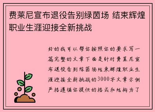 费莱尼宣布退役告别绿茵场 结束辉煌职业生涯迎接全新挑战