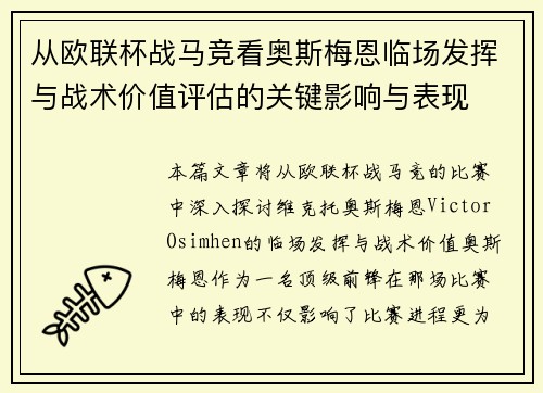 从欧联杯战马竞看奥斯梅恩临场发挥与战术价值评估的关键影响与表现